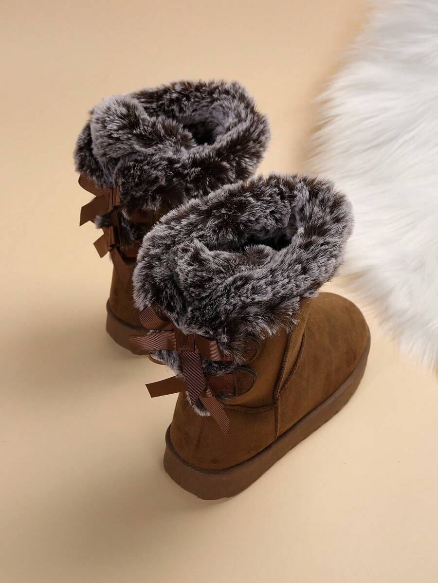 Giày bốt đi tuyết đế dày cao đến giữa bắp chân dành cho nữ, lót giữ nhiệt ấm áp, trang trí nơ, cỡ lớn, hàng mới về mùa đông - màu nâu - Xem 1