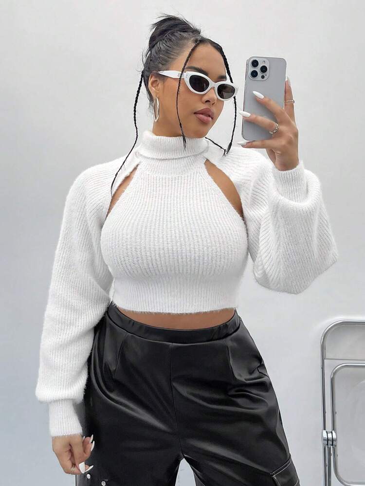 Plus Size High Neck Hollow Out Sweater