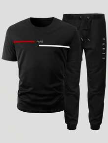 Manfinity Homme 2 件/套男士純色短袖圓領 T 恤和運動褲 - 黑色 - 查看 5