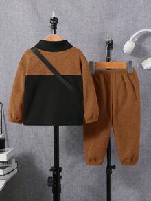 SHEIN 嬰兒男童顏色塊拼接夾克、純色褲子和背包套裝,長袖 - 棕色 - 查看 2