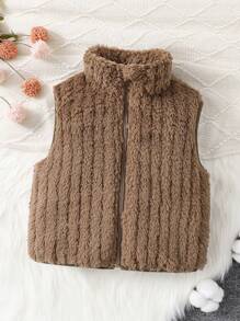 SHEIN 女童冬季毛絨翻領拉鍊背心夾克