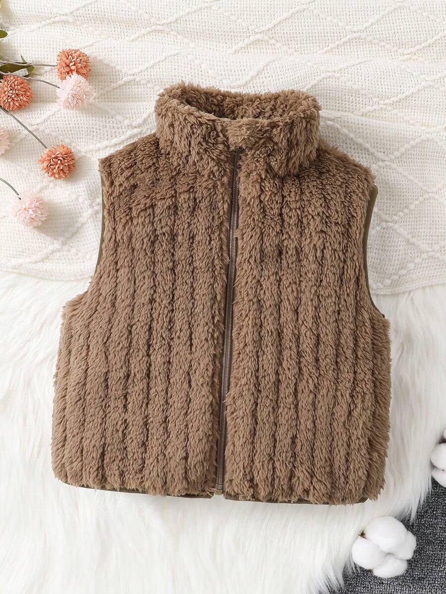 SHEIN 女童冬季毛絨翻領拉鍊背心夾克