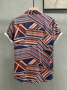 Genlund Men's Geometric Print Button Down Short Sleeve Shirt - Navy Blue - View 2