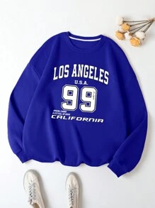 SHEIN EZwear 加大尺寸字母印花圓領衛衣 - 藍色 - 查看 1