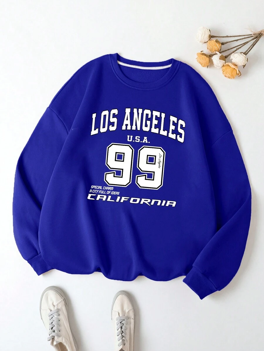 SHEIN EZwear 加大尺寸字母印花圓領衛衣 - 藍色 - 查看 1