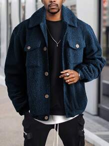 Manfinity Homme Lỏng lẻo Nam Xanh Lông Single-breasted Áo khoác - Màu xanh hải quân - Xem 1