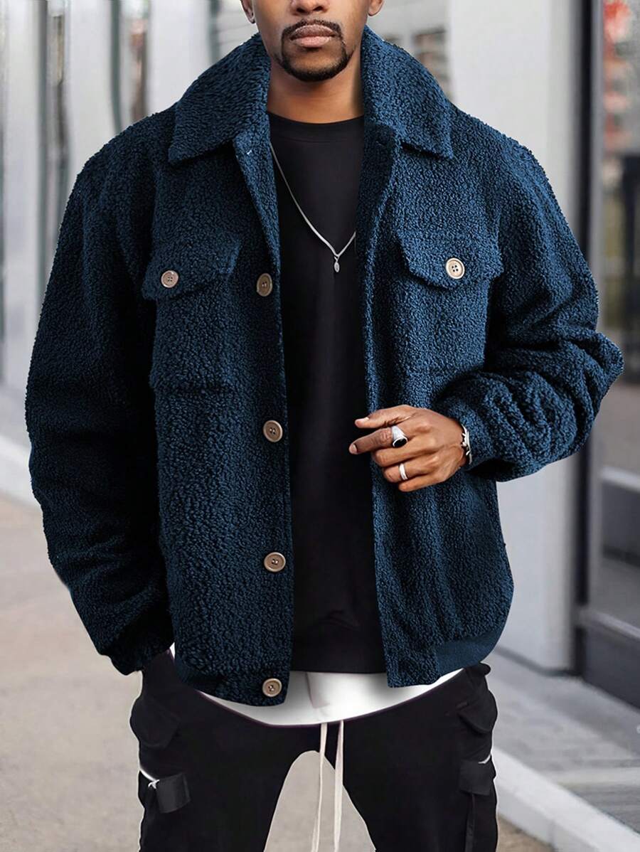 Manfinity Homme Lỏng lẻo Nam Xanh Lông Single-breasted Áo khoác - Màu xanh hải quân - Xem 1