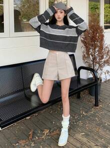 DAZY Của phụ nữ Màu thuần Lỏng lẻo phù hợp Giải trí Quần short - Màu be - Xem 5