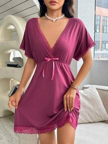 Women's Spliced Lace Bowknot Detail Sleepwear Dress - Red Violet - View 1
