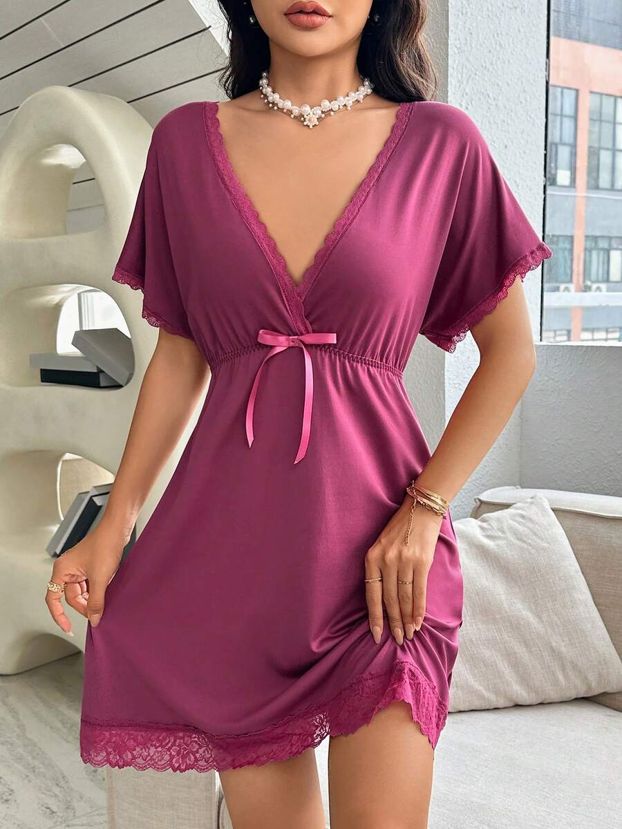 Women's Spliced Lace Bowknot Detail Sleepwear Dress - Red Violet - View 1