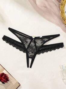 SHEIN Quý cô Ren gợi cảm Vá lại Đồ lót Quần lót không đường may - màu đen - Xem 3