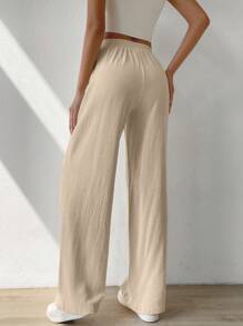 SHEIN EZwear 素色斜口袋闊腿褲 - 卡其色 - 查看 2