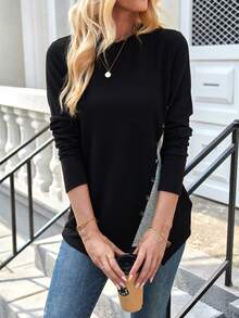 SHEIN LUNE Color Block Button Detail Asymmetrical Hem T-Shirt - Black - View 7