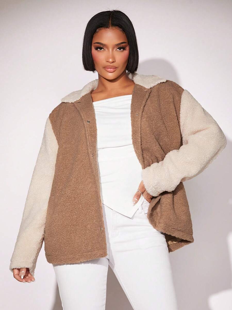 SHEIN SXY Women'S Color Blocking Fleece Jacket - Khaki - View 1
