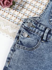 Little Girl's Bow Letter Embroidered Denim Overalls - Medium Wash - View 4