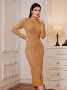 Mulvari 高領麻花編織毛衣洋裝 - 棕色 - 查看 1