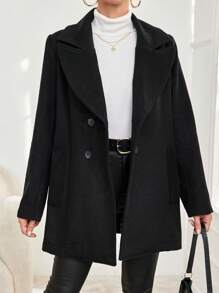 SHEIN Cottnline Lapel Neck Double Button Overcoat - Black - View 5