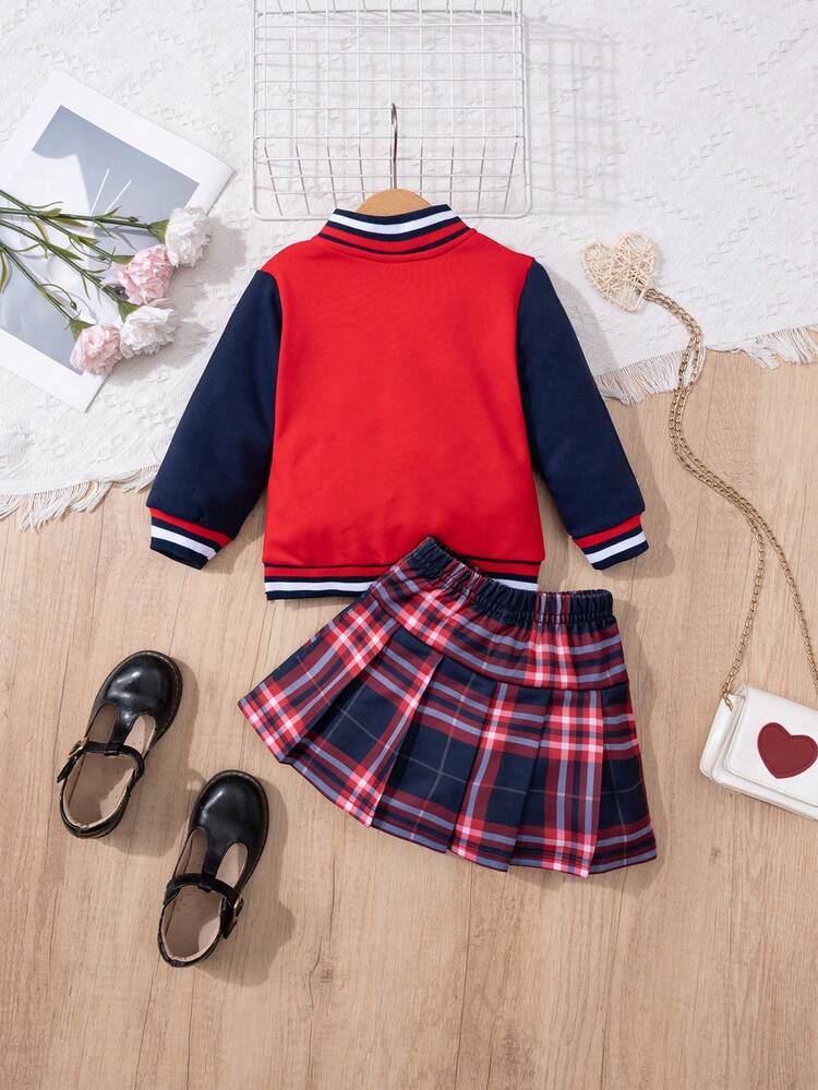 Baby Girls' College Style Baseball Jacket And Plaid Pleated Skirt Outfit