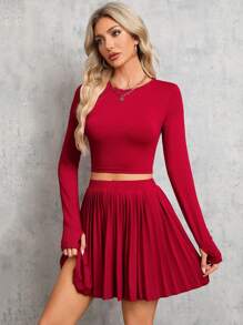 SHEIN Tall Solid Crop Tee & Pleated Skirt - Red - View 3