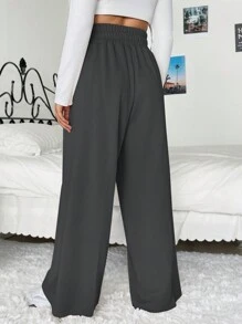 SHEIN EZwear 大尺寸女性休閒運動長褲,束腰寬腿款式 - 深灰色 - 查看 2