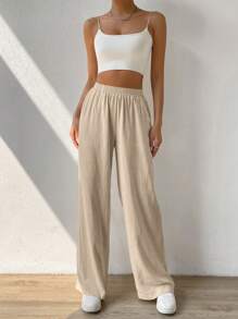SHEIN EZwear 素色斜口袋闊腿褲 - 卡其色 - 查看 5