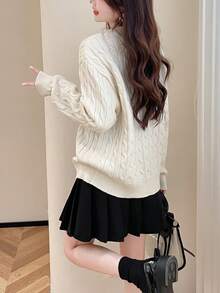 Women's Casual Simple Letter Patch Cable Knit Pullover Sweater - Beige - View 2