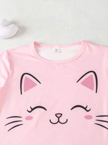 SHEIN Girls' Cute Cat Expression Patterned Homewear Set With All-over Hearts Print, Multiple Pieces - Multicolor - View 4