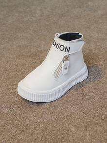 Children's Boots, Fashionable & Casual Autumn New Flat Ankle Boots For Girls, Solid Color, Low-Cut, Hook And Loop, Unisex Everyday Simple Round-Toe Boots With Side Zipper - White - View 11