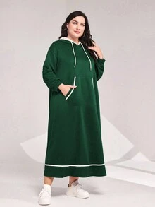 Mulvari Kích thước lớn Túi kangaroo Dây rút áo có mũ Thả vai Đầm nỉ - màu xanh lá - Xem 3