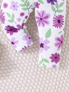 Baby Girls' Spring & Autumn Long Sleeve Ruffle Detail Top With Bow And Flower Printed Pants - Purple - View 7