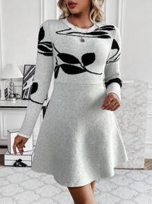 SHEIN Clasi 女性針織毛衣洋裝帶葉子圖案 - 黑與白 - 查看 4