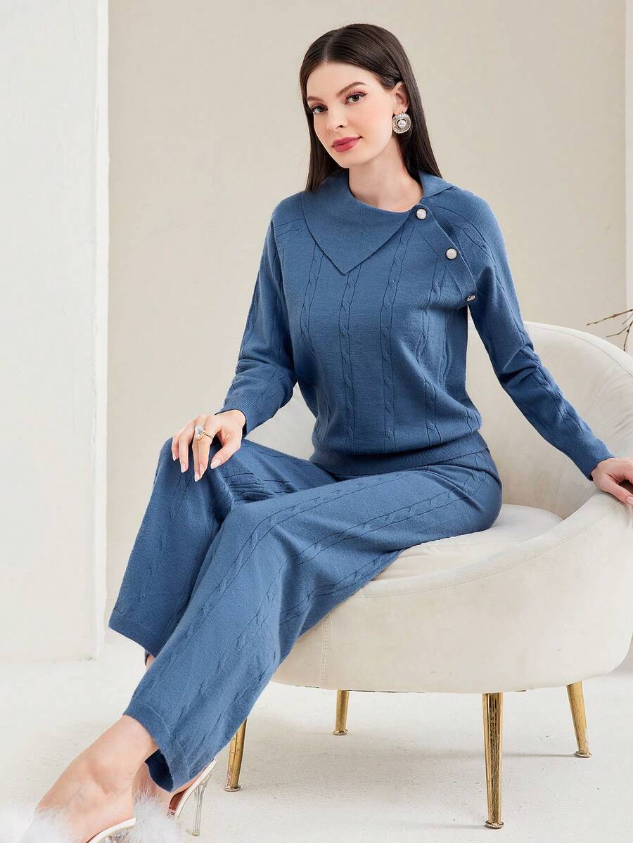 Modelyn Women's Asymmetric Neckline Sweater 2pcs/set - Dusty Blue - View 1