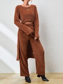 SHEIN Essnce Solid High Low Hem Fuzzy Tee & Pants