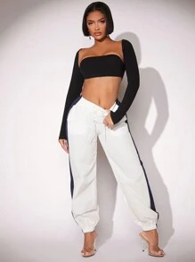 SHEIN SXY Women's Color Blocking Loose Fit Drawstring Waist White Sweatpants - Blue and White - View 5