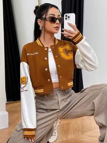 SHEIN Unity 女式字母刺绣拼色棒球夹克 - 彩色 - 查看 6