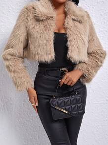 SHEIN PETITE Của phụ nữ Ngắn Cắt Mở Mặt trước Áo khoác - Màu Khaki - Xem 1