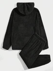 EASEVO Men Plus Letter Patched Kangaroo Pocket Drawstring Flannel Hoodie & Pants - Black - View 2