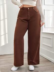 EURMUSE Plus Size Women's Solid Color Loose Jeans - Brown - View 5