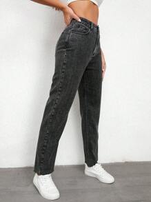 高腰媽媽牛仔褲 - 深灰色 - 查看 6
