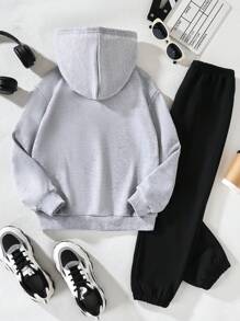 SHEIN 少女貓咪印花套裝連帽衫和褲子 - 彩色 - 查看 2