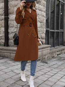 SHEIN LUNE DOUBLE-BREASTED Áo khoác Trench Áo khoác - màu nâu - Xem 3