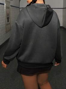 SHEIN EZwear Women's Plus Size Drawstring Hooded Sweatshirt - Grey - View 2