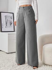 SHEIN Tall Màu thuần Của phụ nữ Quần ống rộng - Màu xám đen - Xem 5