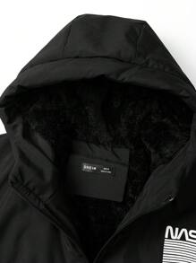 Manfinity Homme 男式彩色块字母印花拉链连帽保暖衬里棉服 - 黑色 - 查看 5