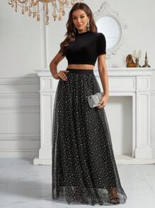 SHEIN Belle Velvet Crop Tee & Mesh Overlay Skirt - Black - View 5