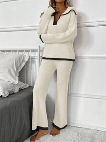 SHEIN Frenchy Contrast Trim Drop Shoulder Sweater & Knit Pants - Multicolor - View 5