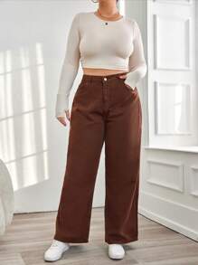 EURMUSE Plus Size Women's Solid Color Loose Jeans - Brown - View 4