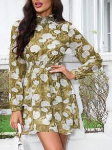 Aveloria Random Printed Long Sleeve Shirred Collar Dress Fall Cloth For Women - Multicolor - View 6