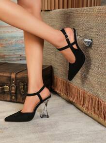 Women's Casual Party High Heel Pointed Toe Hollow Shoes With Faux Pearl & Rhinestone Decor, Available In Brown And Black, Spring/Summer,Elegant - Black - View 2