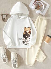 SHEIN Tween Girl Cartoon Graphic Hoodie & Sweatpants - Multicolor - View 1